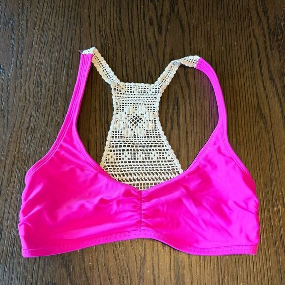 Aerie Fuchsia Hot Pink Crocheted Back Racerback Swim Bikini Top Medium - Picture 2 of 4